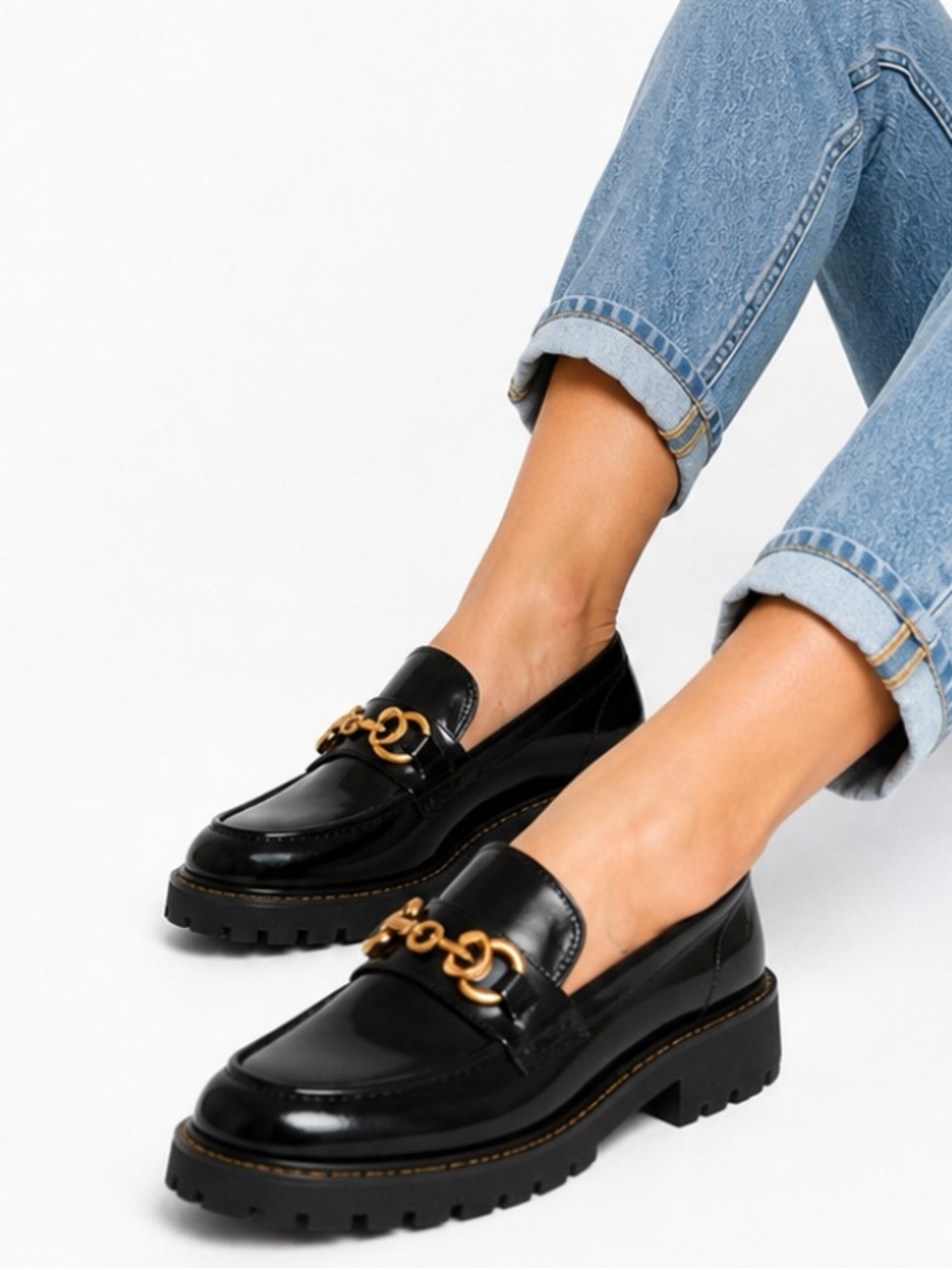 Circus by Sam Edelman Black Lug Sole Loafers Gold Chain Detail Size 6 NWOT